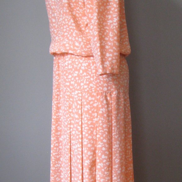 Vintage 1980s Secretary Dress Peach and White Abstract Print blouson size M - Picture 3 of 4